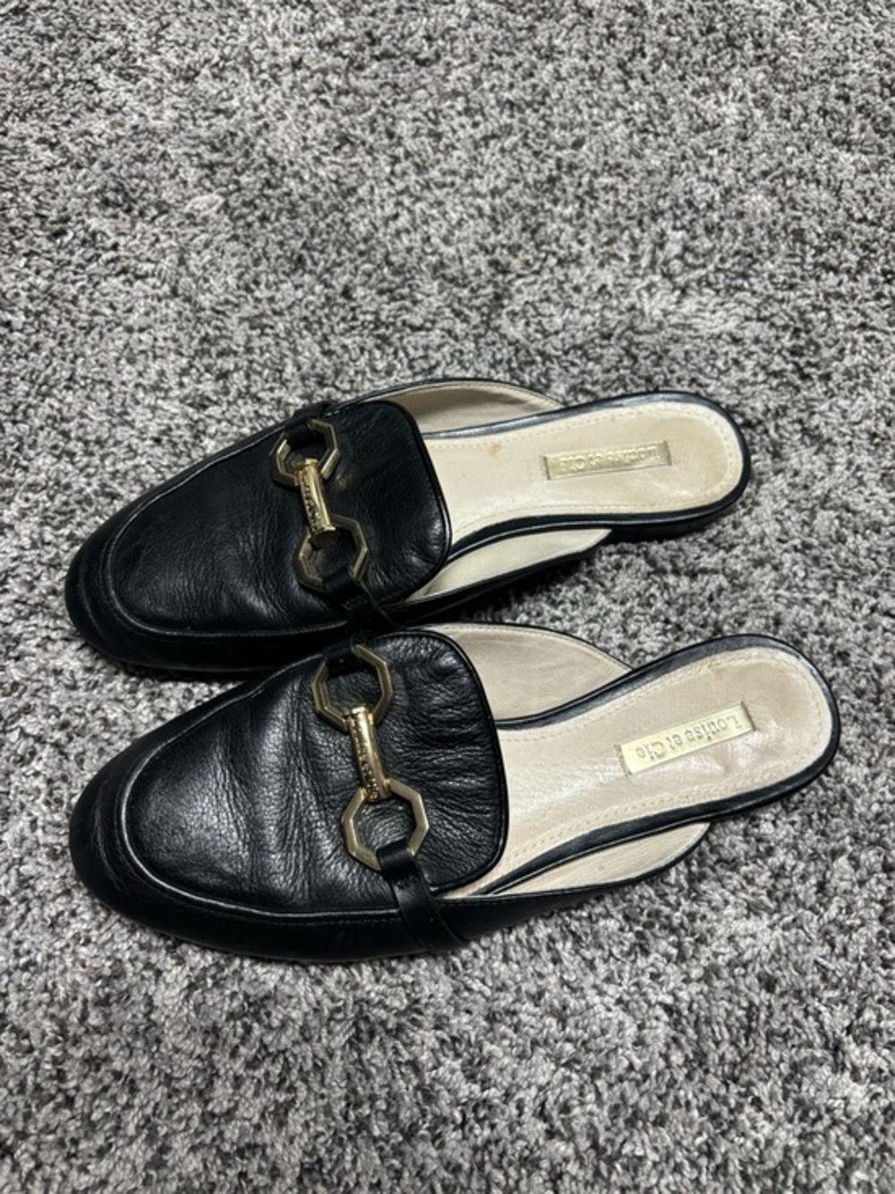 Louise et Cie Black Leather Slip-On Loafers with Gold Hardware
